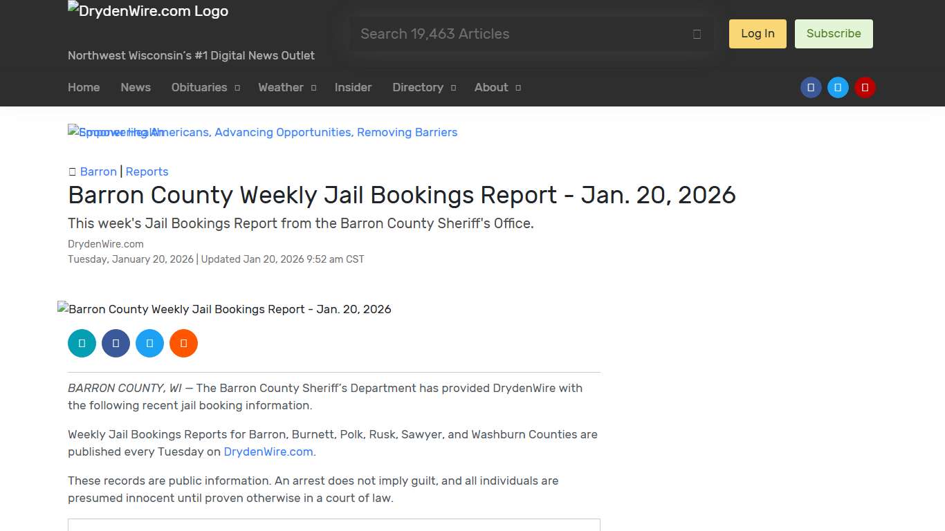 Barron County Weekly Jail Bookings Report - Jan. 20, 2026 Recent News DrydenWire.com
