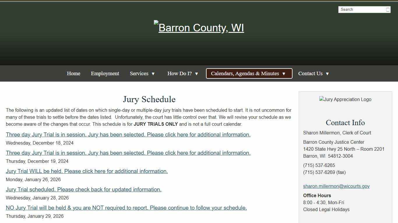Jury Schedule - Barron County, WI